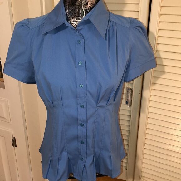 NWT Peplum Stretch Blouse with Puff Sleeves in Fantasy Blue by Apt 9 Petite - Picture 3 of 17